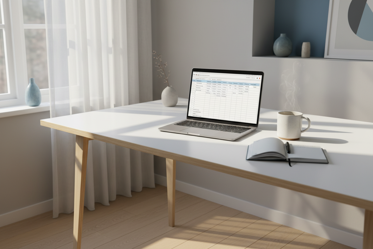 cozy minimalist home office desk in soft morning light, open MacBook showing clean tax spreadsheet with 4-5 bank accounts and 2-3 salary entries, steaming coffee cup, small open notebook with few notes, pen, window with white curtains, warm sunlight, white desk, light gray walls, subtle blue accents, almost empty surface, relaxed atmosphere, Scandinavian style, photorealistic, sharp focus, 8k, no people, no clutter