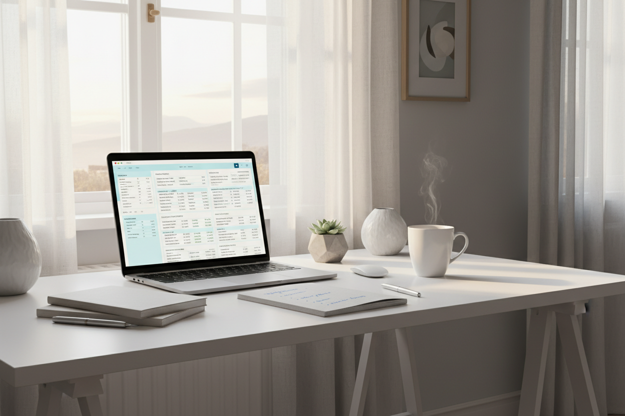 cozy minimalist home office desk in soft morning light, open MacBook showing detailed tax software with multiple bank accounts, several salary entries, worldwide property list, securities portfolio, inheritance notes and special cases highlighted, steaming coffee cup, notebook with meeting agenda and bullet points, pen, window with white curtains, warm sunlight, white desk, light gray walls, subtle blue accents, organized but fuller surface, relaxed yet professional atmosphere, Scandinavian style